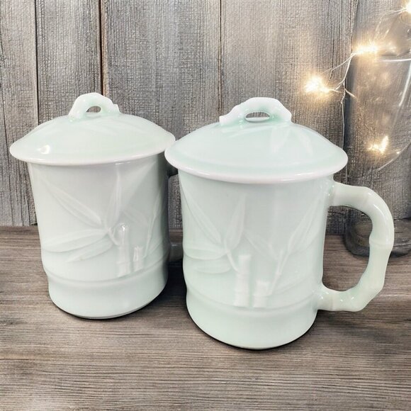 Gardener's Eden Coffee Mug Cup Light Green Embossed Bamboo Celadon Green Set 2 - Picture 1 of 15